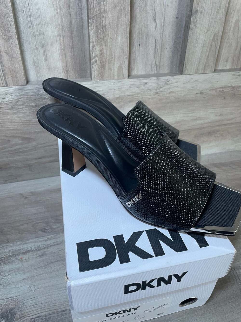 DKNY Kailyn Square Toe Heeled Sandal Mule in Black Snake